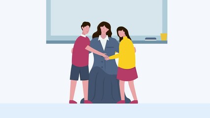 Two students hugging their teacher in classroom