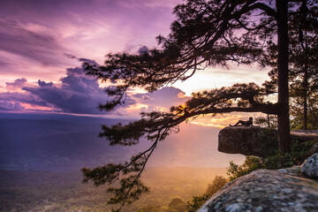 Beautiful sunset on the high mountain in Phu-kra-dueng national park, Loei province, Thailand.