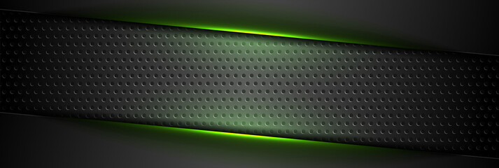 Futuristic perforated technology abstract background with green neon glowing lines. Vector concept banner design