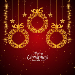 Merry Christmas red background with golden Christmas balls