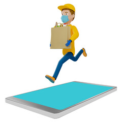 3D rendering. A man in uniform from a delivery service with a box in his hands.