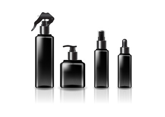 4 black heads/sizes black square cosmetic bottle mockup template.