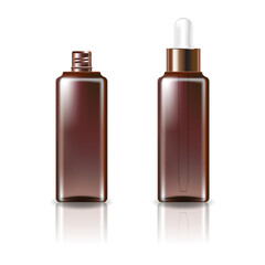 Brown clear cosmetic square bottle with white-copper dropper lid mockup template.