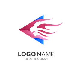 Obraz premium lion play logo, lion, fire and play button, Combination logo with 3d blue and red color style
