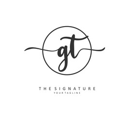 G T GT Initial letter handwriting and signature logo. A concept handwriting initial logo with template element.