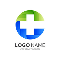 clinic logo, letter C and plus, combination logo with 3d blue and green color style