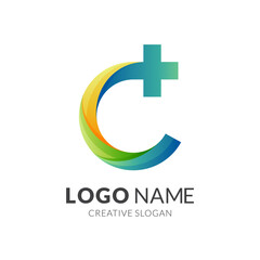 Obraz premium clinic logo, letter C and plus, combination logo with 3d colorful style
