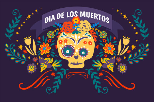 Dia de los muertos, skull decorated with flowers