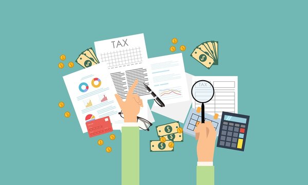 Tax payment design, accountant with report and a calculator checks money balance. Financial reports statement and documents