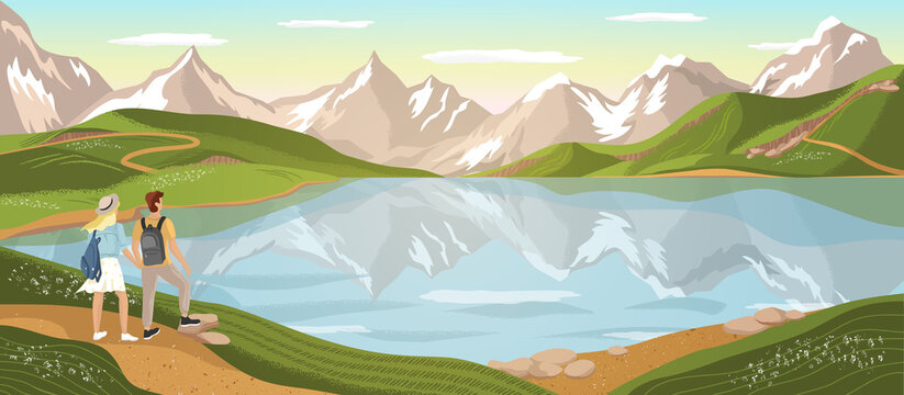Couple of tourists look at the mountain lake. Travel and outdoor adventure vector concept illustration. Nature landscape poster. Happy man and woman hikers enjoy view over mountain lake