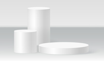 Cylinder podium scene, winner pedestal. White cylinder template for showroom podium scene. Vector white pedestal for product presentation.