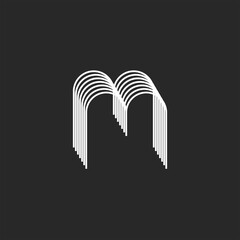 Creative monogram M letter logo 3d isometric shape, arc form parallel lines linear stylish minimal design