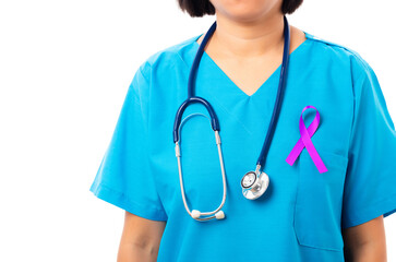 National Epilepsy or Alzheimer disease Day. woman doctor stick purple ribbon on the blue chest symbol of Pancreatic cancer awareness and world Lupus Day and world cancer isolated white background