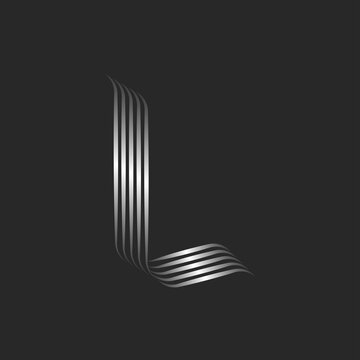 Letter L logo monogram initial inspiration, minimal style with smooth curls, overlapping silver gradient stripes from sleek parallel thin lines, stylish rounded decoration calligraphic element