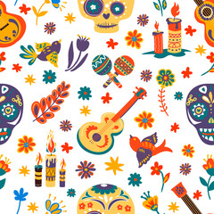 Day of the dead mexican holiday symbols seamless pattern