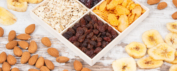 Healthy ingredients as source carbohydrates, vitamins and fiber, nutritious eating concept