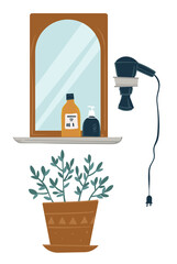 Bathroom interior, mirror and hair dryer with plant