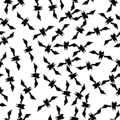 Batty swarm of bats in flight seamless vector repeat black bats on a white background surface pattern design