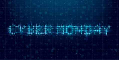 Cyber Monday futuristic cyberpunk glitch banner. Blue glowing digital cyber Monday inscription. 8 bit title. Design for a promo event. Vector