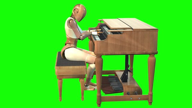 3d animation of a futuristic robot figure, sitting and playing music on an electric organ.