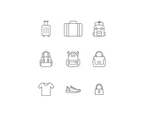 Luggage, wearable, usable icon set. Backpack, suitcase, school bag, purse, bag, minimal vector illustrations. Minimal outline stroke icon set for websites.	