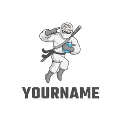 ninja with book, sword and clever ninja sign on the head logo. character logo.