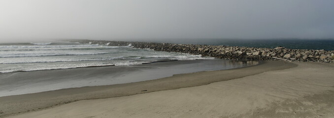 Heavy fog covering Jetty and Half Moon Bay in Westport