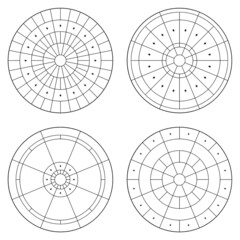 Abstract circus radial pattern flooring. Set of circular tiles in vector. Symmetrical mosaic tiles tiles with texture. Diamond shape tiles detail.
