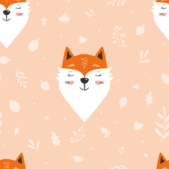 Fox face seamless pattern. Autumn  flat vector illustration with cute forest animal face. Great for backgrounds, kids cloth, apparel design, cards, gift wrapping paper etc.