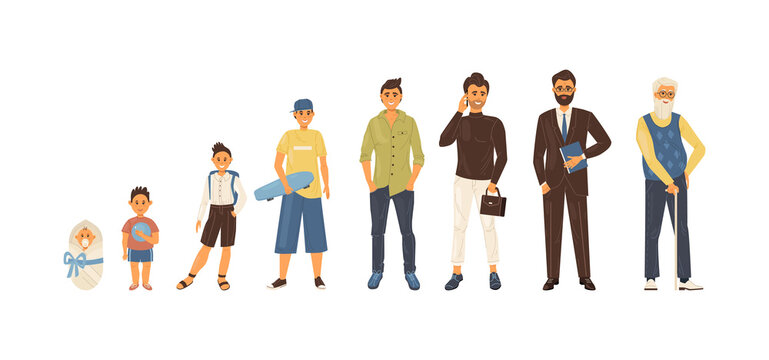 Man life cycle in sequential order. Boy growing up from newborn baby to elderly. Baby, child, teenager, student, business people, adult and senior. The life cycle isolated