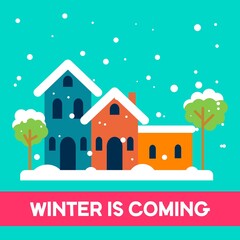Vector Flat House and Tree with Snowfall in Winter Season. Illustration of Winter is Coming in Flat Style Design