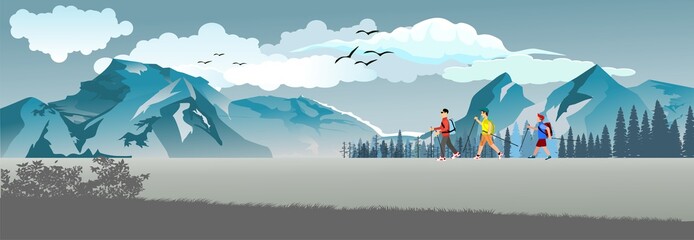 Scene with tourists walks in the wild nature and forest with moutains, panoramic vector illustration