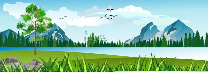 Scene with  beautiful lake, and forest with moutains, panoramic vector illustration