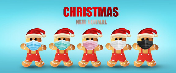 Merry Christmas and happy new year. Gingerbread cookie surgical mask set. Corona virus protection. New normal concept. -Vector	
