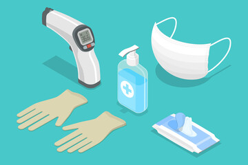 3D Isometric Flat Vector Illustration Covid 19 Minimal Protective Package, Medical Gloves and Mask, Hand Sanitizer, Wet Wipes, PPE - Personal Protective Equipment.