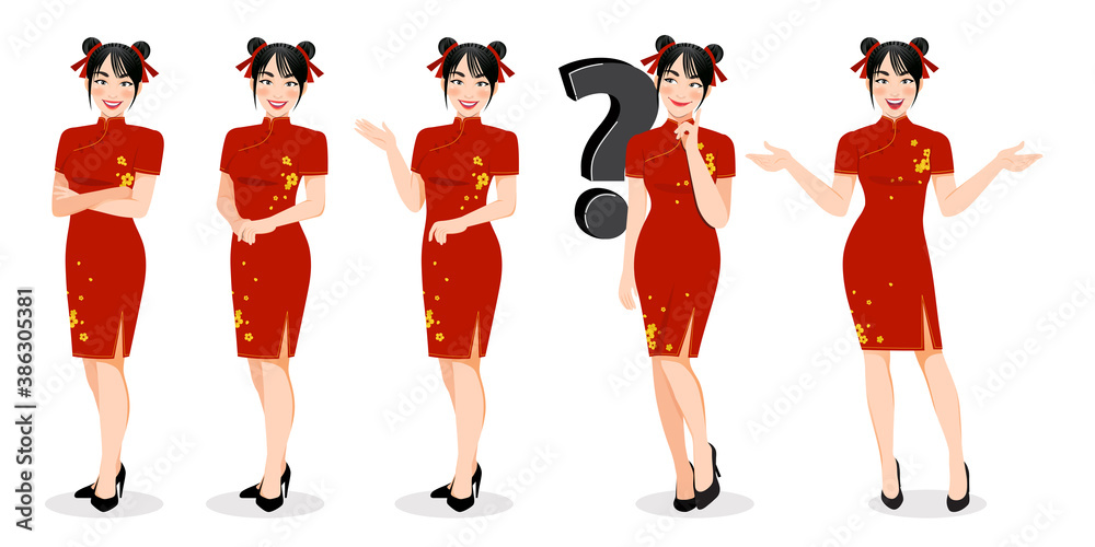 Wall mural Chinese girl in mandarin gown with Chinese new year festival cartoon character on the white background vector illustration