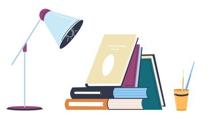 Pile of books with pencils and lamp vector