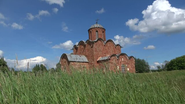 Sunny July day at the old Church of the Saviour on Kovalevo. Veliky Novgorod, Russia  