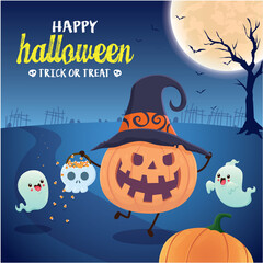 Vintage Halloween poster design with vector jack o lantern, ghost character. 
