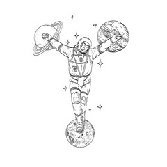 Astronaut Wearing Spacesuit Crucified on Planet Saturn Jupiter and Moon Line Art Drawing