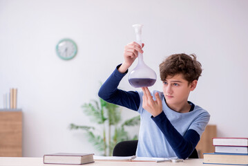 Schoolboy studying chemistry at home