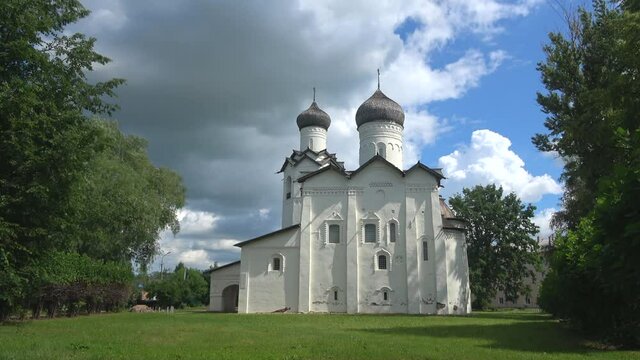View of the Transfiguration Cathedral on a July day (timelapse). Staraya Russa, Russia 