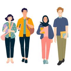Obraz premium Set of friends, university fellow, students couple standing together holding books