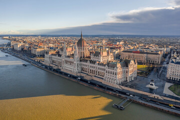 Fototapeta premium Aerial drone shot of Hungarian Parliament in Budapest winter morning glow