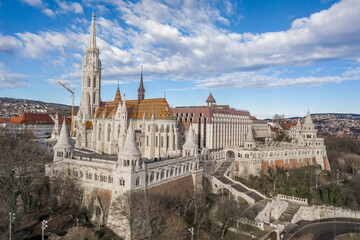 Aerial drone close-up of Matthias Church on Fisherman Bastion in Budapest winter morning