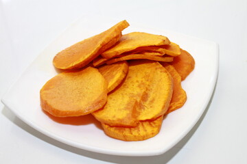 Sweet Potato food, potato, chips, fried, meal, fish, snack, fries, plate, white, isolated, baked, dinner, french, fat, potatoes, fast, lunch, meat, wedges, dish, crispy, fry, unhealthy, yellow