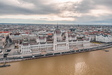 High angle aerial drone view of Hungarian Parliament in Budapest winter morning