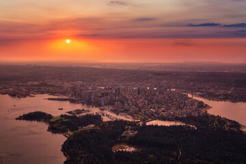 Downtown Vancouver, British Columbia, Canada. Aerial View of the Modern Urban City, Stanley Park, Harbour and Port. Viewed from Airplane Above. Colorful Sunrise Artistic Render