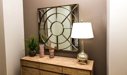 Contemporary Mirror And Chest In Entry Hallway