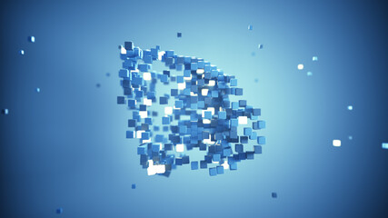 Chaotic flying blue cubes 3D rendering